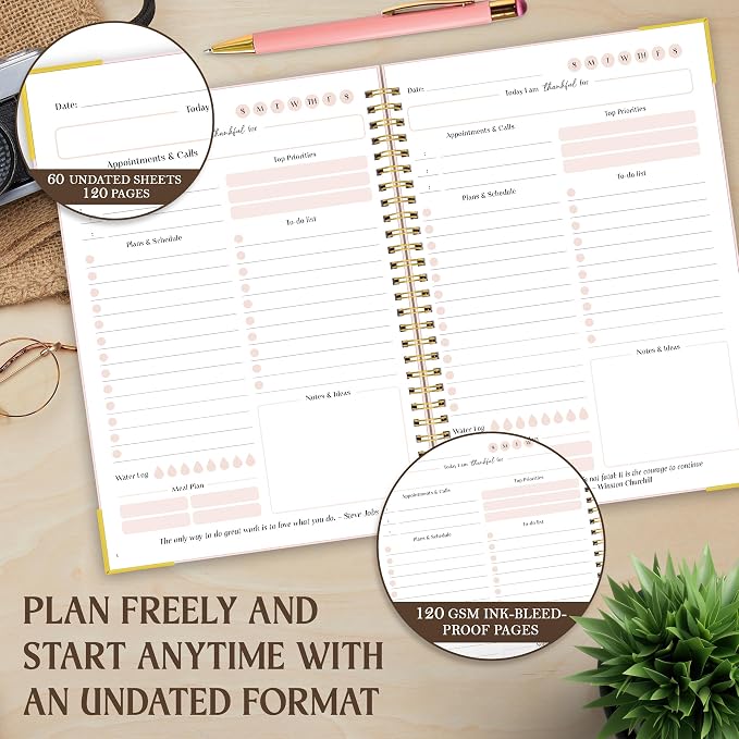 Decorably 120 Pages My to Do Planner Undated Notebook with Gold Corners, 6.4x8.5in Aesthetic Spring-Bound with Simplified Sections & Inspirational Quotes, Checklist, Contacts - Home, School, Office