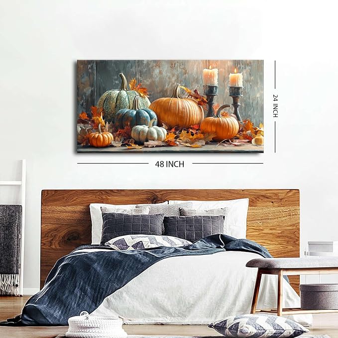 Farmhouse Kitchen Decor Pumpkin Wall Decor Maple Leaves Painting White Orange Pumpkin Canvas Prints Rustic Fall Harvest Themed Picture Still Life Artwork for Bedroom Dining Room Home Decoration 24x48"