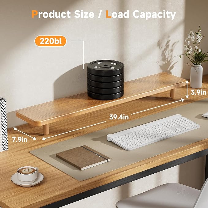 Dual Monitor Stand Riser, 39 Inch Extra Long Wooden Desktop Monitor Riser with Storage for 2 Monitors Ultra Strong Desk Shelf Organizer Riser Ergonomic for 2 Screens/Laptop/PC/TV/Printer (Light Walnut, 39inches)