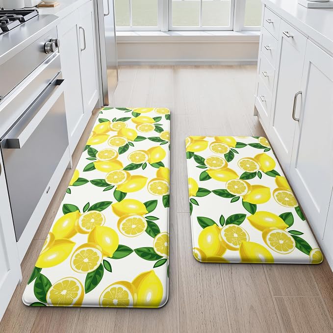 MAYHMYO Lemon Kitchen Decor Mat Set, 2PC Kitchen Mats, Anti Fatigue | Lemon Pattern,Lemon decor,Yellow docor,Cushioned comfort,Non-slip backing,Easy to clean,Water-resistant,Kitchen,Laundry