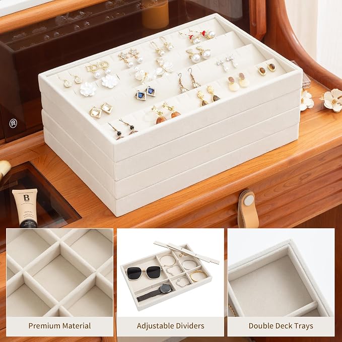 Jewelry Trays for Drawer,Set of 4 Jewelry Organizer and Storage | Velvet Material,Stackable,Adjustable Dividers,Drawer Inserts for Rings Studs Bracelet,Earring Organizer for Women Girls