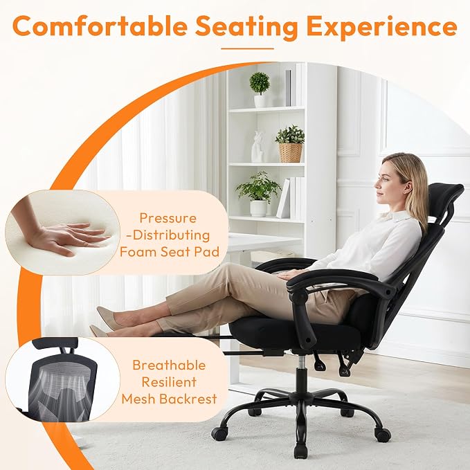 Desk Chair with Foot Rest, High-Back Mesh Office Chair, Classic Black | Reclining Gaming Chair with Headrest and Adjustable Lumbar Support, 90°-130° Reclining, for Home Office and Gaming
