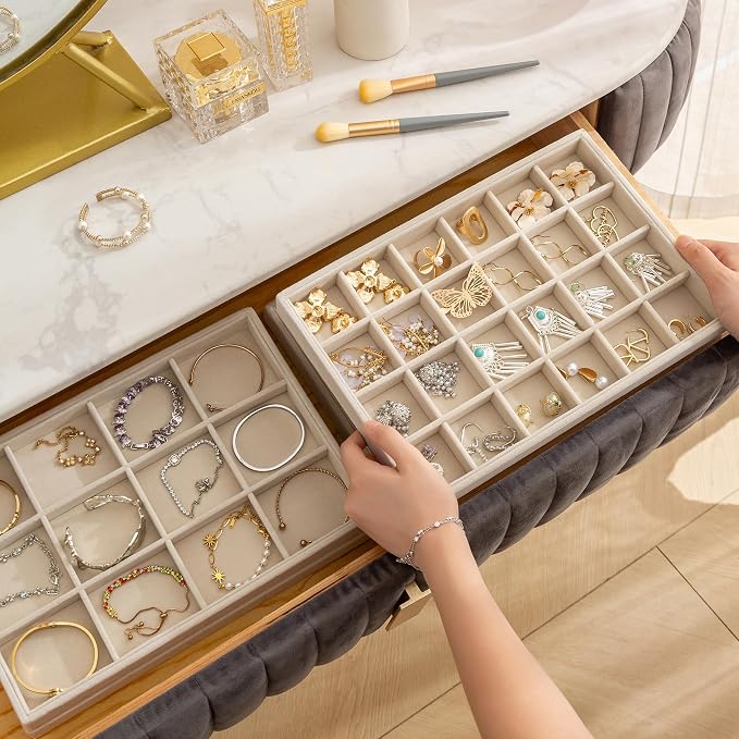 Jewelry Trays for Drawer,Set of 2 Jewelry Organizer and Storage | Velvet Material,Stackable,Adjustable Dividers,Drawer Inserts for Rings Studs Bracelet,Earring Organizer for Women Girls
