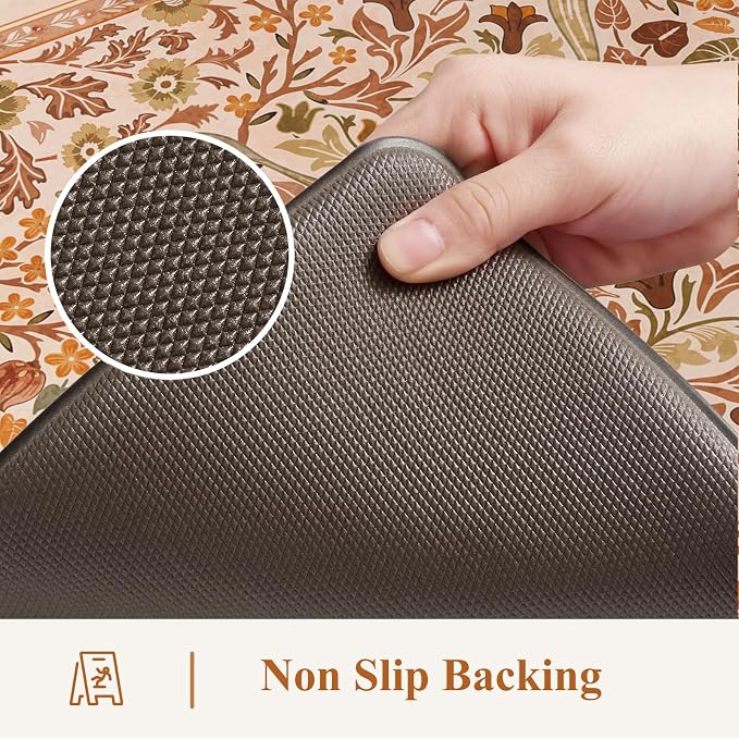 Collive Anti Fatigue Mats for Kitchen Floor, Orange Fall Floral Kitchens Rugs 2 Piece Cushioned Non Slip Carpet, Comfort Standing Mat Waterproof Sink Carpets for or Bedroom, Laundry, Home Decor