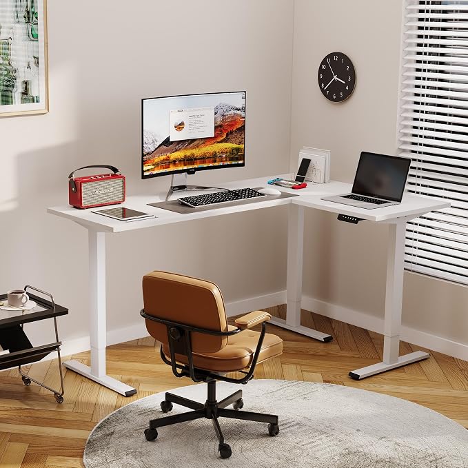 SANODESK Electric Height Adjustable 3 Leg Corner Desk Frame, up to 220lbs, Sit Stand Ergonomic L Shaped Frame Only, White