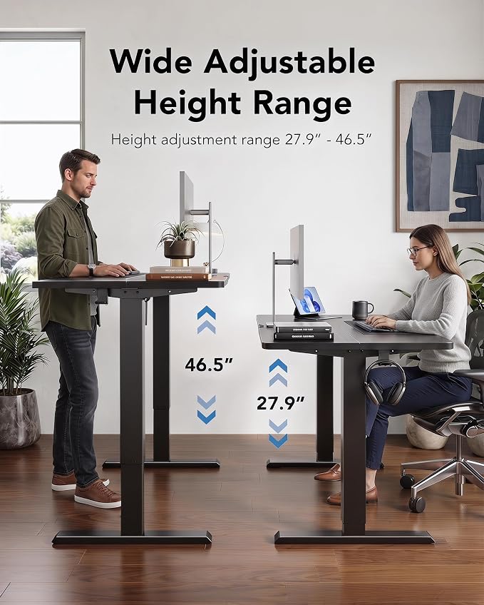 HUANUO 55 x 28 Inch Electric Standing Desk, Height Adjustable Computer Gaming Desk with 4 Memory Presets, Home Office Sit Stand Desk with Hooks & Cable Management, Black