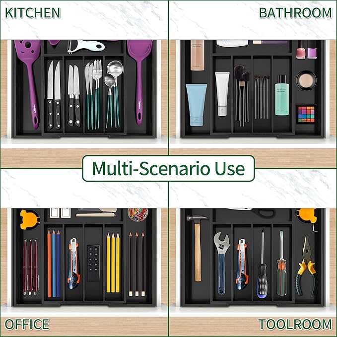 Utoplike Bamboo Silverware Drawer Organizer, Black Kitchen Utensils Tray | Expandable Drawers Organiser, Cutlery Dividers, Flatware Caddy Drawer Insert, Office Supplies, 5-7 Slots