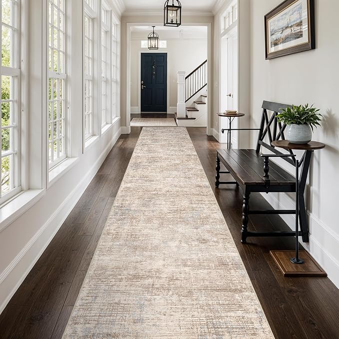 3x20 Hallway Washable Runner Rug - Non-Slip Kitchen Rugs with Rubber Backing Abstract Low-Pile Carpet Runners for Laundry Room Home Decor Bedroom Bathroom Entryway (Ivory Beige Distressed,3x20)