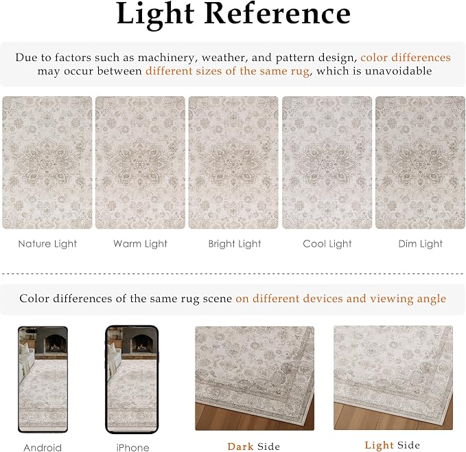 PureCozy Beige Area Rug 9x12 Washable Vintage Living Room Bedroom Carpet Non Slip Soft Low Pile Distressed Medallion Indoor Floor Retro Throw Large Rug for Dining Room Office