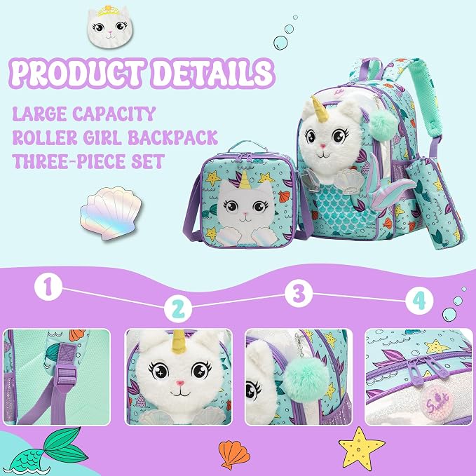 Meetbelify Cute Mermaid Kids Backpacks for Girls School Backpack with Lunch Bag Pencil Case for Elementary Student 3D Carton Plush Kids Travel School Bag for Girls Ages 6-8 Years Old