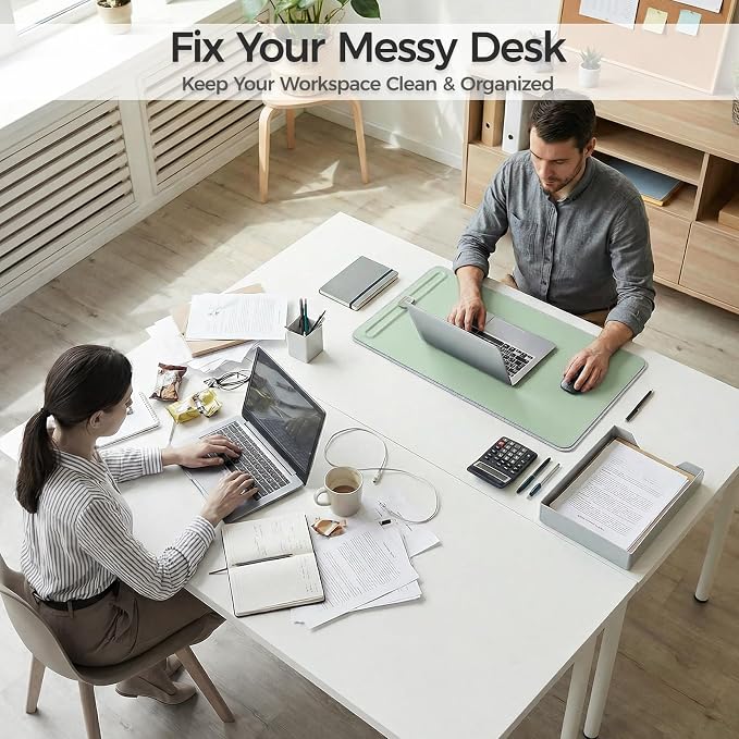 Premium Double-Sided Faux Leather Desk Pad – Non-Slip, Waterproof, with Magnetic Cable Organizer & File Storage – Designed for Offices & Creative Spaces – Durable & Easy to Clean（Green）