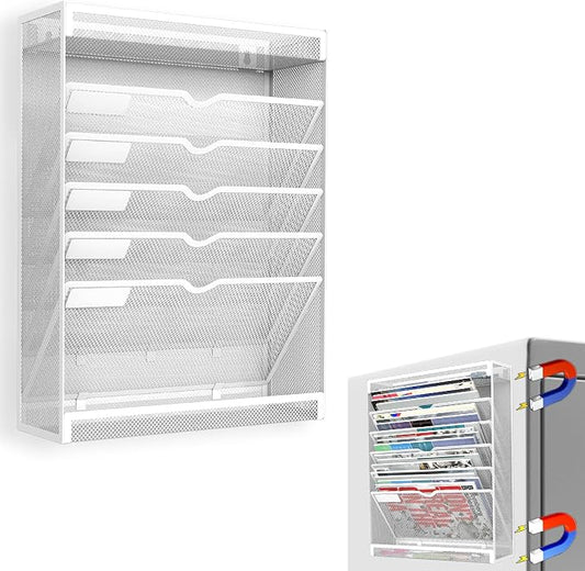 7 Tier Magnetic File Holder, No Drilling Wall File Organizer for File Cabinets Whiteboard Refrigerator,Office,Classroom, Hanging Paper Folder Holder, White