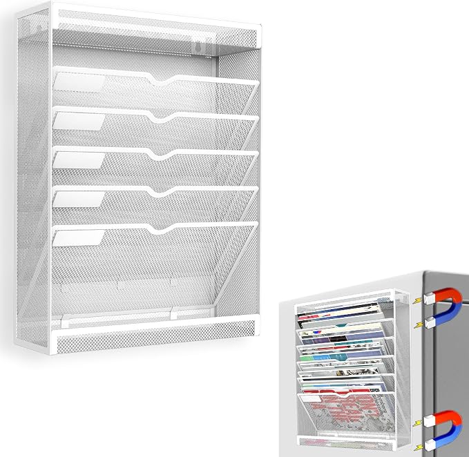 7 Tier Magnetic File Holder, No Drilling Wall File Organizer for File Cabinets Whiteboard Refrigerator,Office,Classroom, Hanging Paper Folder Holder, White