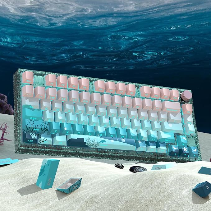 JSJT Side-Printed Keycaps,Shine Through Key caps PBT Doubleshot Custom Keycap Set 126 Keys Cherry Profile Deep Sea Theme Keycap for Cherry Mx Switch Mechanical Keyboard