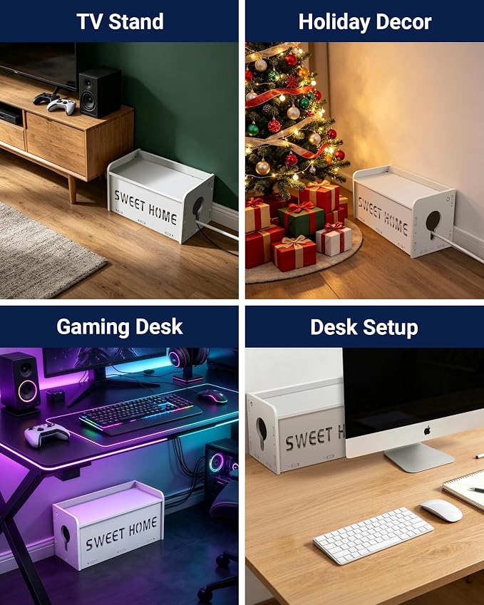 Large Cable Management Box, Imitation Wood Plastic Cord Organizer Boxs | Cord Hider Box for Power Strip Router & USB Hub & TV Wires, Suitable for Both Home and Office White