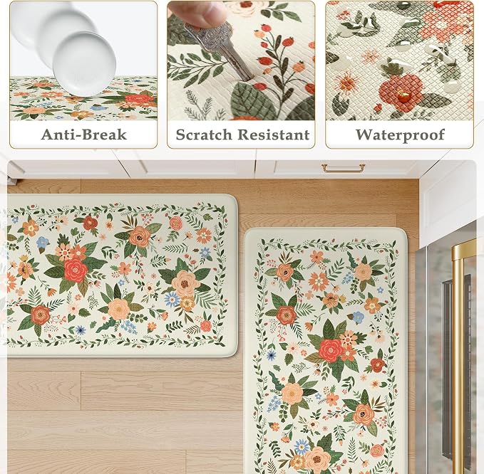KIMODE Kitchen Mats for Floor Anti Fatigue, White Floral Rugs for Decor | Carpet for Kitchen Floor,Padded Kitchen Floor Mats,Cushioned Kitchen Mats for Floor 2 Piece for Laundry Sink 17"x47"+17"x29"
