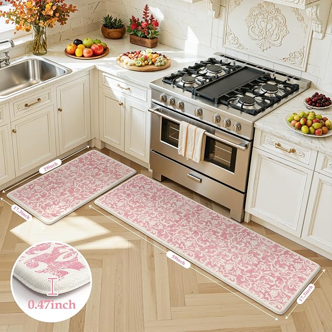 LEEVAN Pink Kitchen Mats for Floor Sets of 2, Vintage Distressed Anti Fatigue Memory Foam Kitchen Mat for Laundry,Non Slip Cushioned Standing Mat for Home, Office, Desk,Sink(17.3"x29"+17.3"x59")
