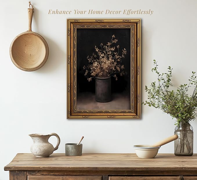 Vintage Gold Framed Wall Art Fall Dried Flowers Antique Vase Country Oil Painting Canvas Prints Dark Moody Rustic Still Life Picture Gothic Victorian Botanical Poster Artwork for Bedroom,16x24in