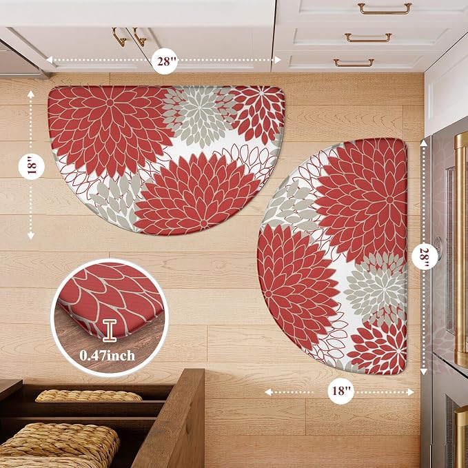 KIMODE Half Circle Kitchen Mats for Floor Cushioned Anti Fatigue 2PCS Semi | 28"x18"+28"x18",Half Round,Red,Boho Kitchen Rug Sets of 2,Non Slip,Waterproof,Padded Kitchen Carpet Decor for Sink Laundry