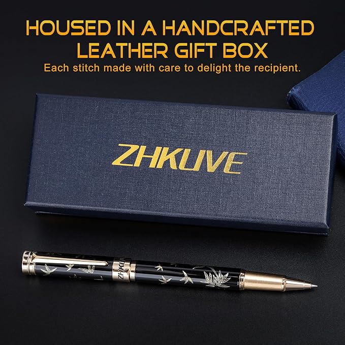 ZHKUVE Luxury Rollerball Pen,Stunning Black Lacquer with bamboo leaf patterns,Switzerland Tip with Black Ink Refills, Elegant Gift Set For Men & Women, Executive Writing, Nice Fancy