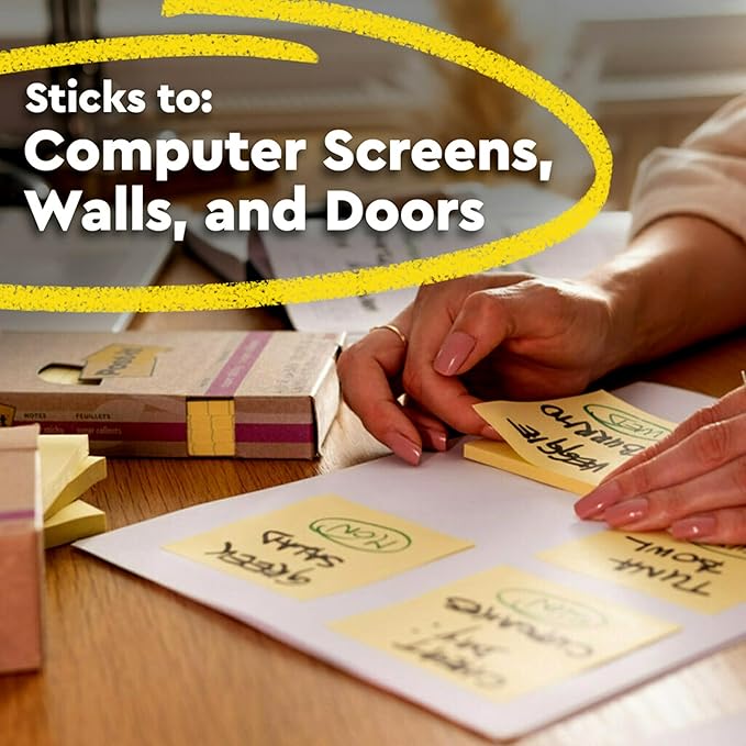 Post-it 100% Recycled Paper Super Sticky Notes, Canary Yellow, 3 in. x 3 in., 5 Sticky Note Pads, 70 Sheets per Pad, New Year Organization or Second Semester School Supplies