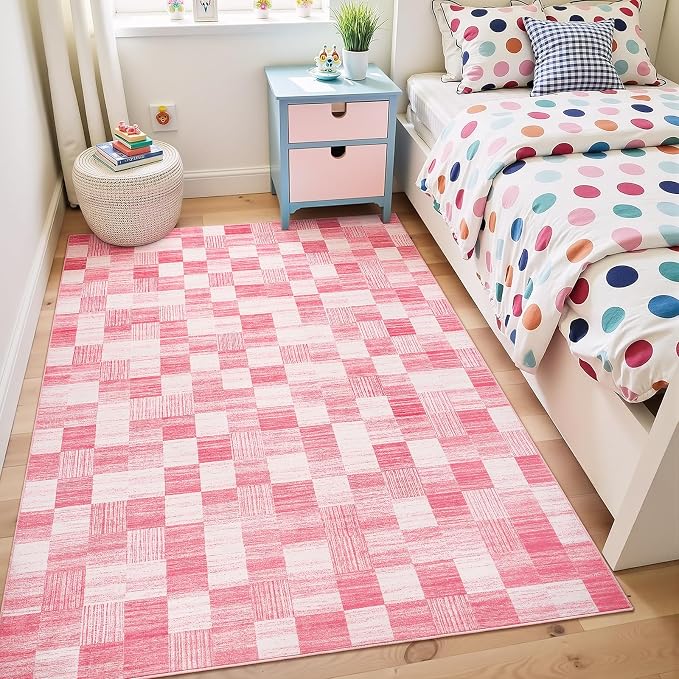 Terrug Pink Checkered Rug for Bedroom, 4x6 Area Rugs Washable with Non Slip for Living Room, Soft Low Pile Stain Resistance Abstract Carpet for Kids Room