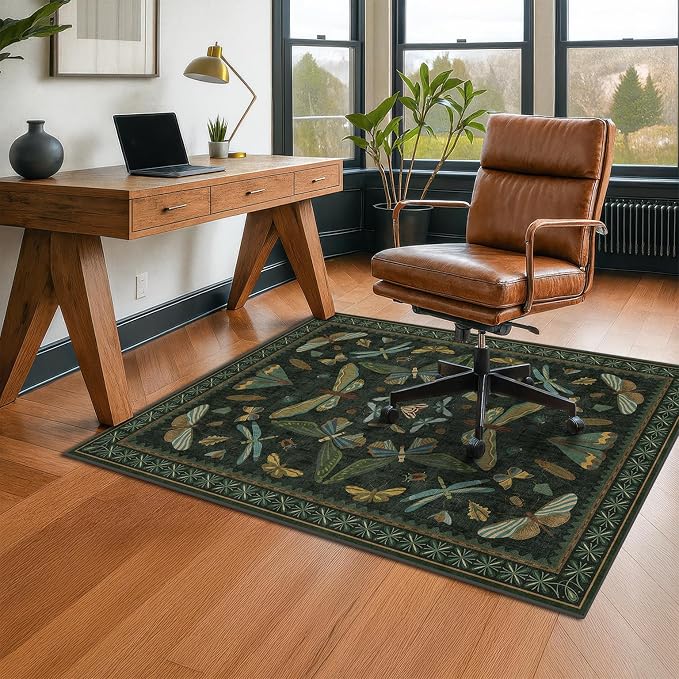 3'x4' Dark Green Office Chair Mat for Hardwood Floors, Insect Boho Design,Non-Slip Low Pile Desk Rug, 36"x48" Small Area Rug for Computer Desk Home Office, Machine Washable WFH Essential for Dorm Room