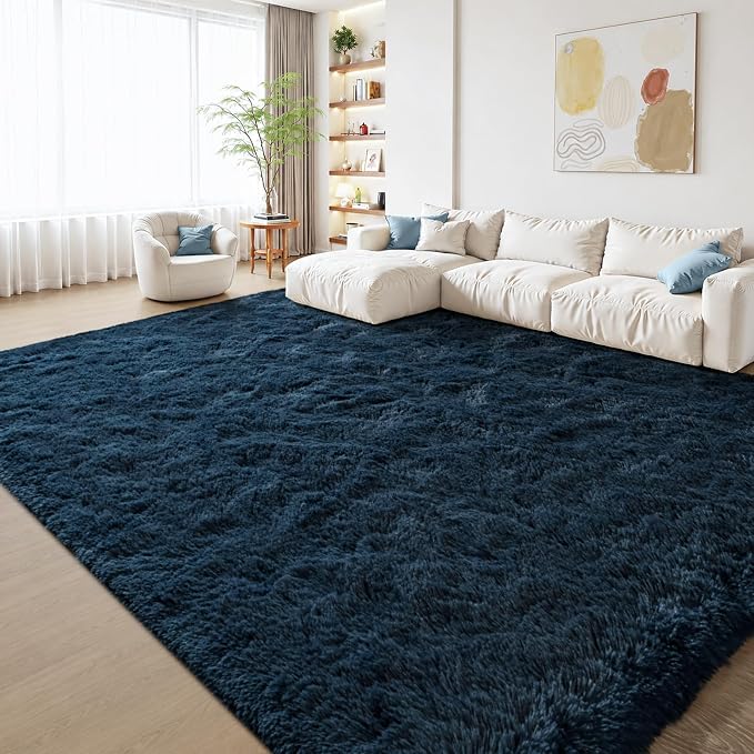 Zentavio Navy Blue Area Rugs for Living Room Boys Rugs for Bedroom 8x10 Large Shag Washable Carpet Soft Furry Fluffy Aesthetic Kids Playroom Rugs for Teen Home Decor