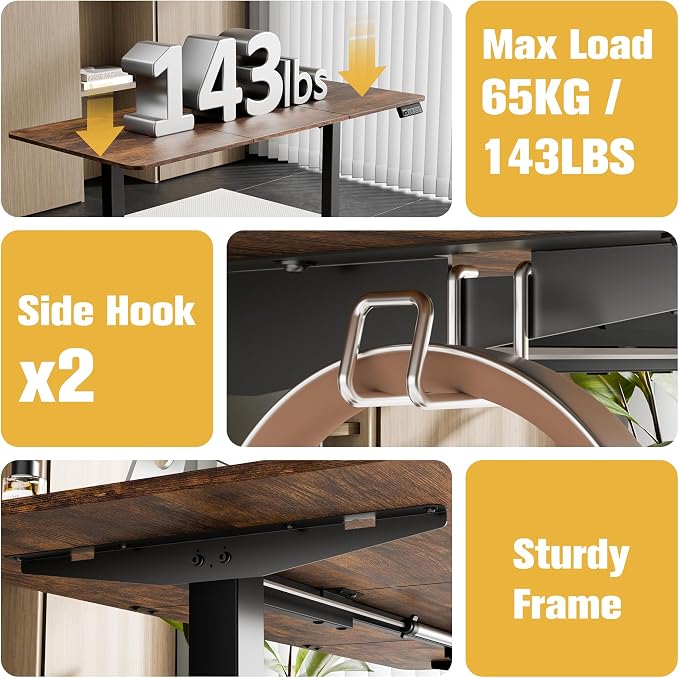 63"x28" Standing Desk, Height Adjustable Sit-Stand Home Office, Brown | Electric Adjustable Standing Desk, Sit to Stand Computer Office Desk with Splice Board, Memory Preset, Lifts 28.7''-46.5"