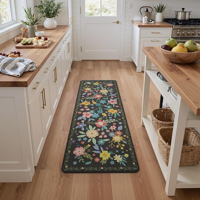 GENIMO Anti Fatigue Kitchen Runner Mats for Floor, Cushioned Standing Mats | 23"x71" , Black vintage floral rug set, waterproof, non slip, easy-clean for farmhouse