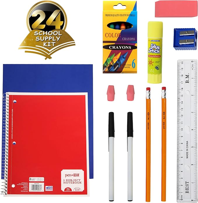 18 Piece Bulk School Supplies Kits - Pens, Pencils, Crayons, and More - Value Pack of 24 Kits - Essential Box of School Supplies for Elementary, Middle, and High School Students