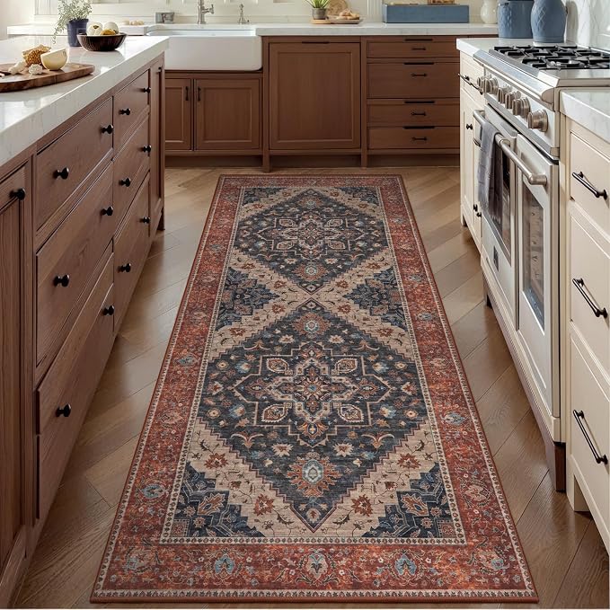 Tangsoo 2x6 Washable Runner Rug for Hallways, Non Slip Vintage Runner Rug, Soft Boho Low Pile Long Rug Runner, Carpet Runners for Kitchen Bedroom Entryway Bathroom Living Room Dark Blue/Orange