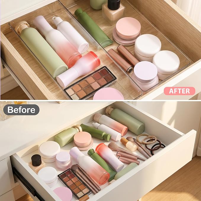 6 Pack Clear Plastic Drawer Organizer Tray 15 x 6 x 2 Inch Large Clear Drawer Organizer Set with Non-Slip Silicone Pads Stackable Drawer-Organizer Traysfor Makeup, Bathroom, Kitchen Utensils, Office,