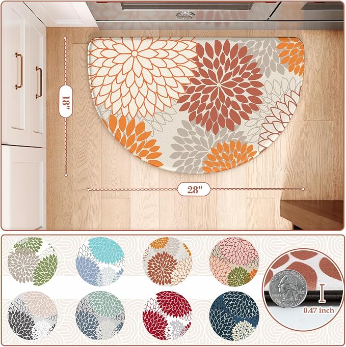 KIMODE Half Circle Fall Kitchen Mats for Floor Cushioned Anti Fatigue Rug | 18" x 28", Dahlia Floral,Fall Kitchen Rug Non Slip,Waterproof Kitchen Carpet Decor Standing Mat for Sink Laundry Bathroom