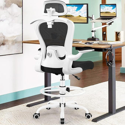 AtHope Drafting Chair, Tall Office Chair with 3D Lumbar & Head Support | Ergonomic Mesh Standing Desk Chair with Footrest Ring, Comfy Extended High Desk Chair with Flip-Up Arms & Hanger, White