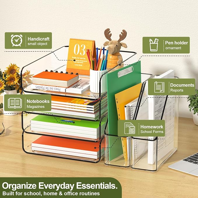 FANXIYQ 4-Tier Acrylic Paper Tray Organizer with Bookends, Paper Organizer | Tool-Free Stackable 1-4 Tier Design with 2 Bookends for Files, Folders and A4 Paper; For School, Home Office and Study Room