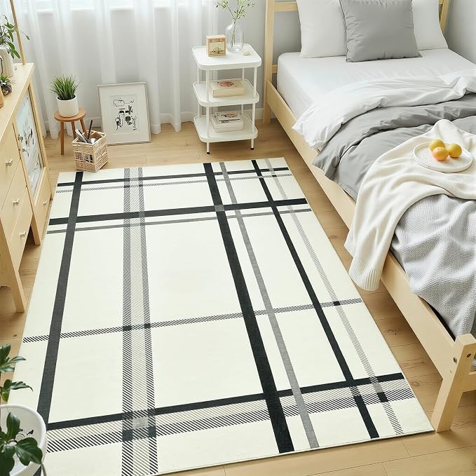 Terrug Plaid Area Rug for Bedroom, Beige 4x6 Checkered Rugs Washable with Non Slip for Living Room, Soft Low Pile Stain Resistance Abstract Carpet for Kids Room