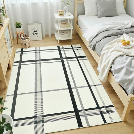 Terrug Plaid Area Rug for Bedroom, Beige 4x6 Checkered Rugs Washable with Non Slip for Living Room, Soft Low Pile Stain Resistance Abstract Carpet for Kids Room