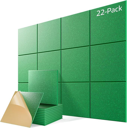 22 Pack Self-Adhesive Acoustic Panels, 12" X 12" X 0.4" High-Density Sound Proof Foam Panels for Walls, Soundproof Wall Panels for Home & Office (Green)