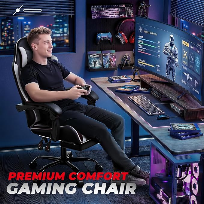 Auto Dynasty Ergonomic Gaming Chair, High-Back Office Chair w/Adjustable Lumbar Support, Linkage Armrest, Headrest & Footrest, 350LBS Recliner Swivel Computer Game Racing Chair, White/Black