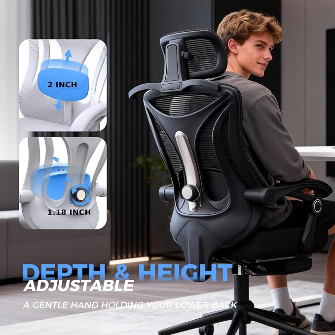 Ergonomic Office Chair - Adjustable Lumbar & Headrest, 90-160° Reclining with Footrest, Breathable Mesh Back - Home Office/Gaming Computer Chair