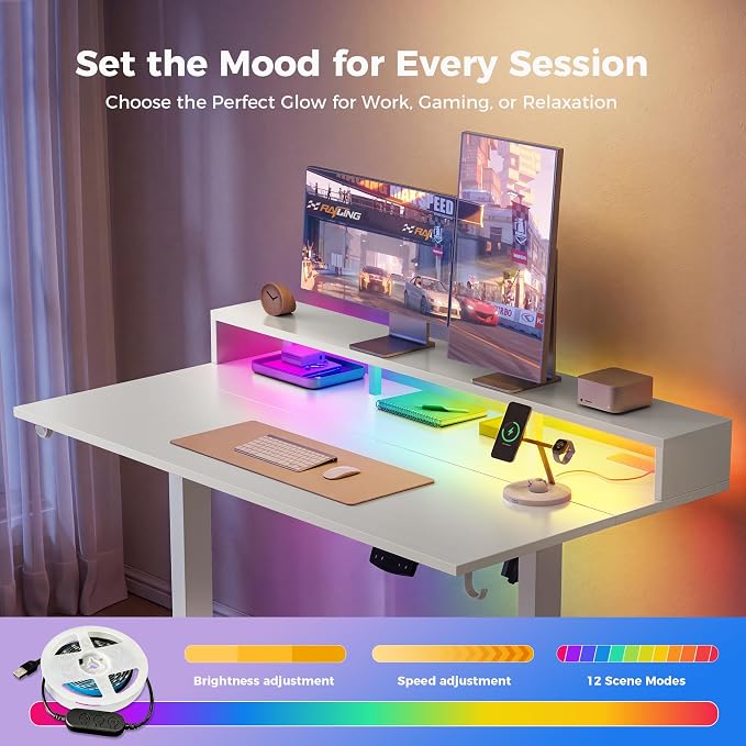 Klicelor Electric Standing Desk with Shelf, 55 Inch Height Adjustable Desk with Power Outlets & LED, Sit Stand Up Table with Monitor Stand, Computer Workstation for Home Office, White