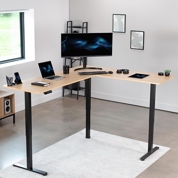 VIVO Corner Standing Desk, 75 x 63 inch Reversible L-Shaped Workstation, Electric Height Adjustment, Home, Office, and Reception Rooms, Real Bamboo Table Top Black Frame, DESK-E3CTBO-75