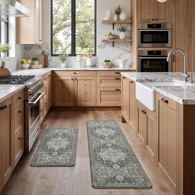 GENIMO Kitchen Mats for Floor 2PCs, Washable Anti Fatigue Mat for Cushioned, 17.3"x59"+17.3"x30", Waterproof Kitchen Rugs, Non Slip Comfort Standing Mat Rug for Home, Sink, Laundry, Dark Gray