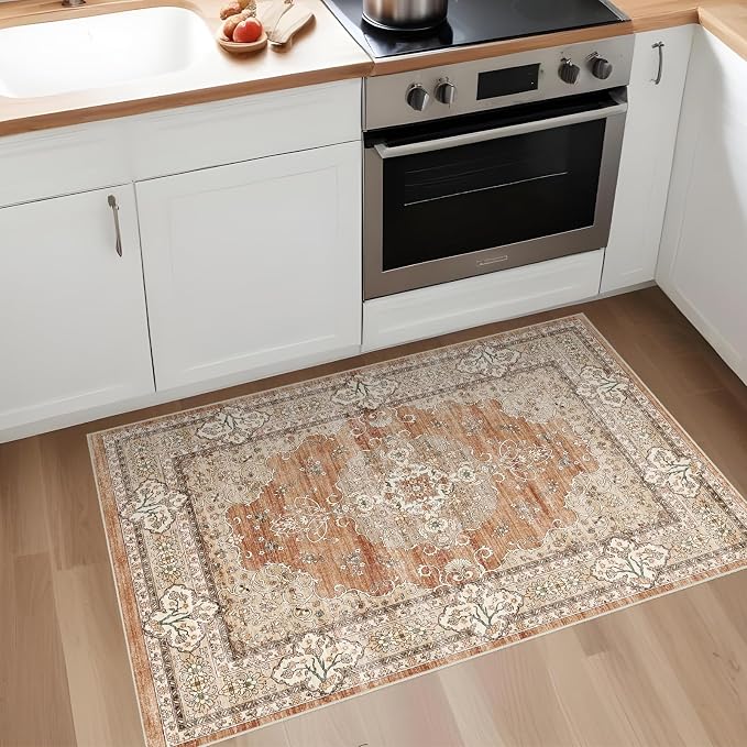 Puino Washable Entryway 2x3 Rug: Small Boho Rugs for Indoor Entrance Non Slip Backing Stain Resistant Carpet Low Pile Throw Rugs for Bedroom Bedside Inside Front Door Floor Kitchen Decor(Brick,2x3FT)
