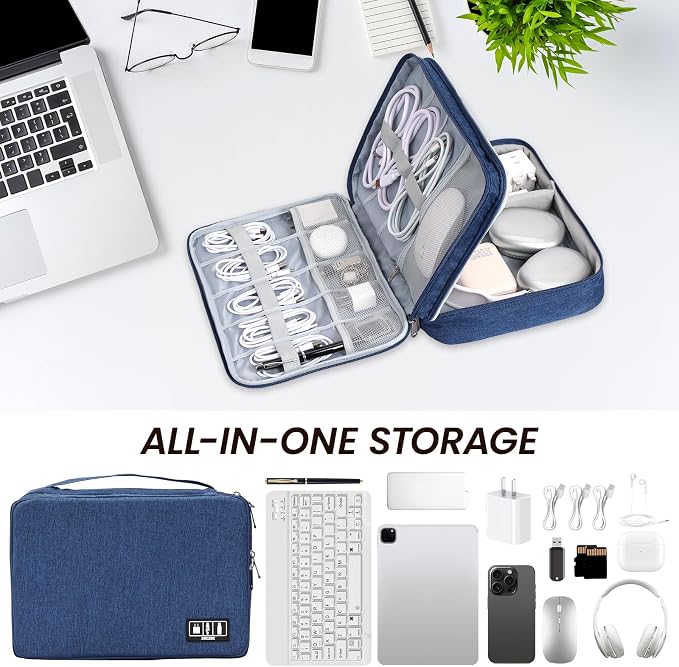 Large Electronic Organizer Travel Case, Double Layer Tech Accessories Bag with 3 DIY Adjustable Dividers, Waterproof Padded Cable Storage Pouch for Camera Gear, Power Bank, Hard Drive, Mouse