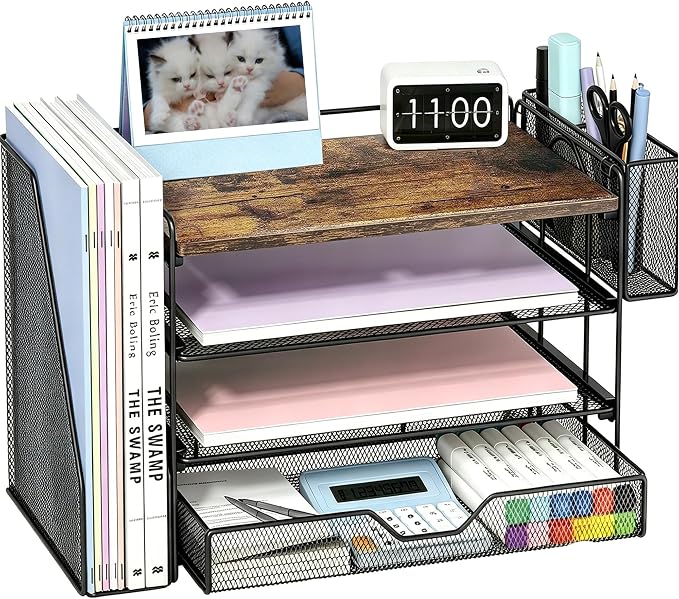 OPNICE Wood Desk Organizers and Accessories, 4-Tier Desktop Paper Letter Tray Organizer with Drawer and Pen Holders, Office Desk Accessories & Workspace Organizers for Home Office Supplies, Brown Wood