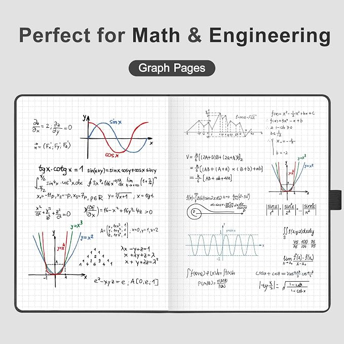 AHGXG Graph Grid Paper Notebook, 160 Pages, A5 Medium Size (5.7'' x 8.3''), 120 GSM Thick Paper, Leather Hardcover, for School, Students, Math, Engineering (Black)
