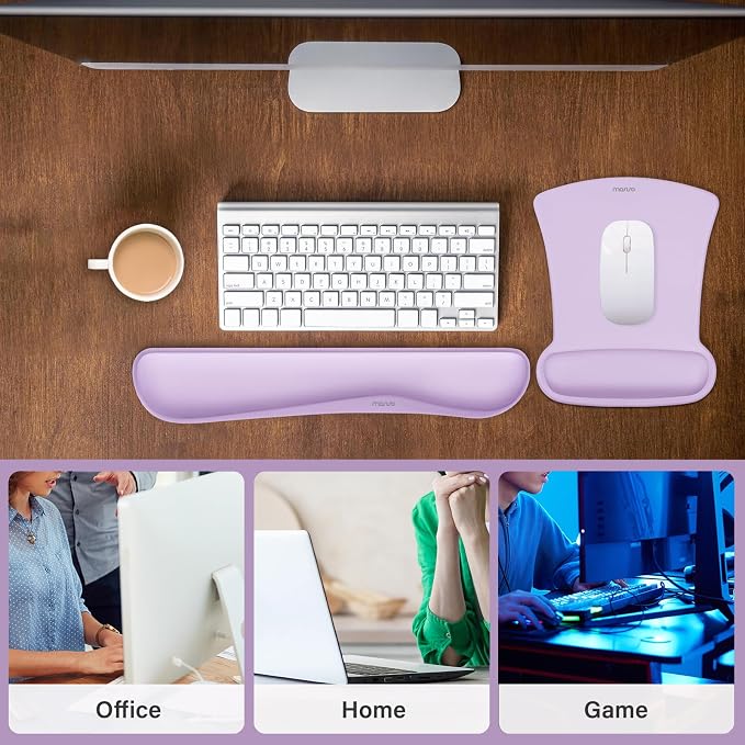 MOSISO Wrist Rest Support for Mouse Pad & Keyboard Set, Ergonomic Mousepad Non-Slip Base Home/Office Pain Relief & Easy Typing Cushion with Neoprene Cloth & Raised Memory Foam, Dusty Lilac