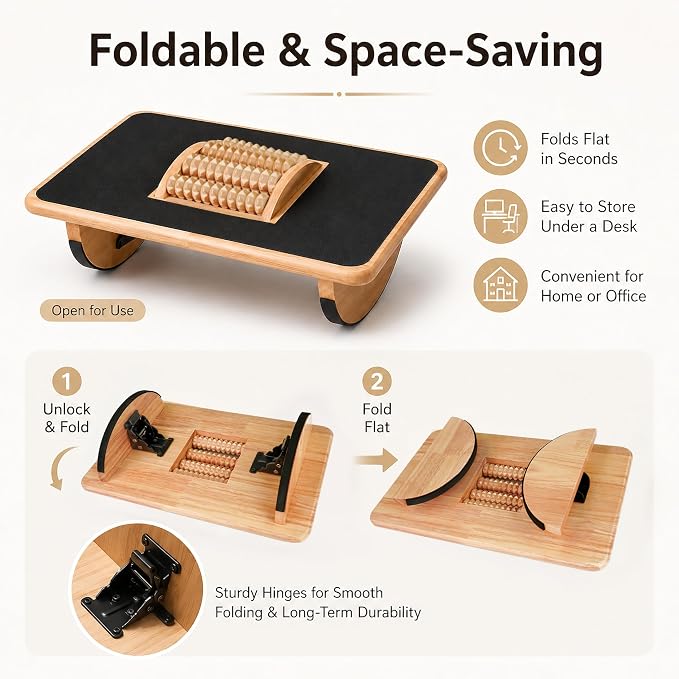 Foldable Under Desk Foot Rest, Wooden Rocking Footrest with 4 Massage Rollers, Natural Rubber Wood Ergonomic Foot Stool with Silicone Anti-Slip Surface, Office Home Study Footrest for Post